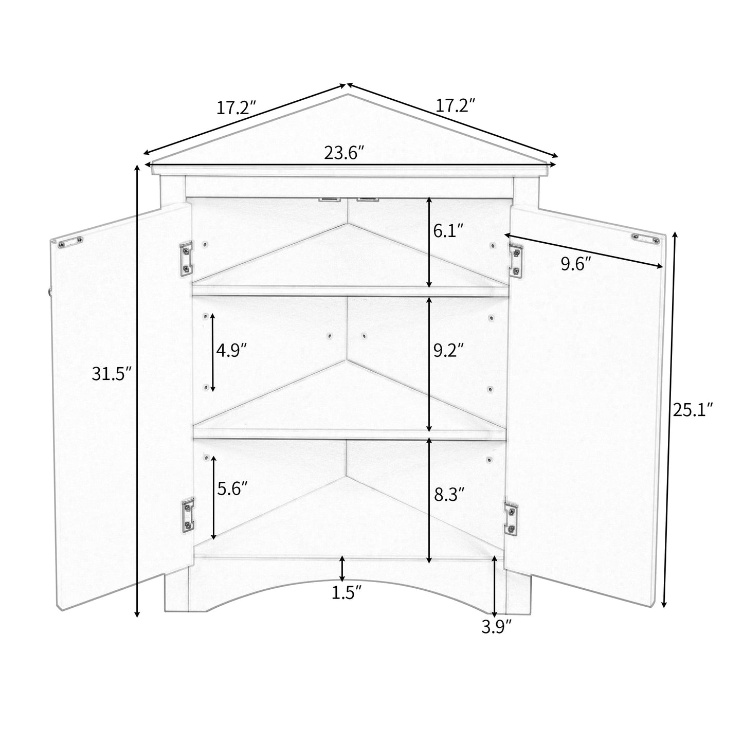 Elegante gabinete de almacenamiento triangular blanco con estantes ajustables