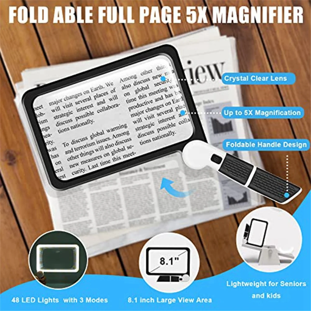 Full-Page 5X Magnifying Glass for Reading, Folding Lighted Magnifier with 48 LED Lights, Rectangular Handhold Magnifier - Korvel