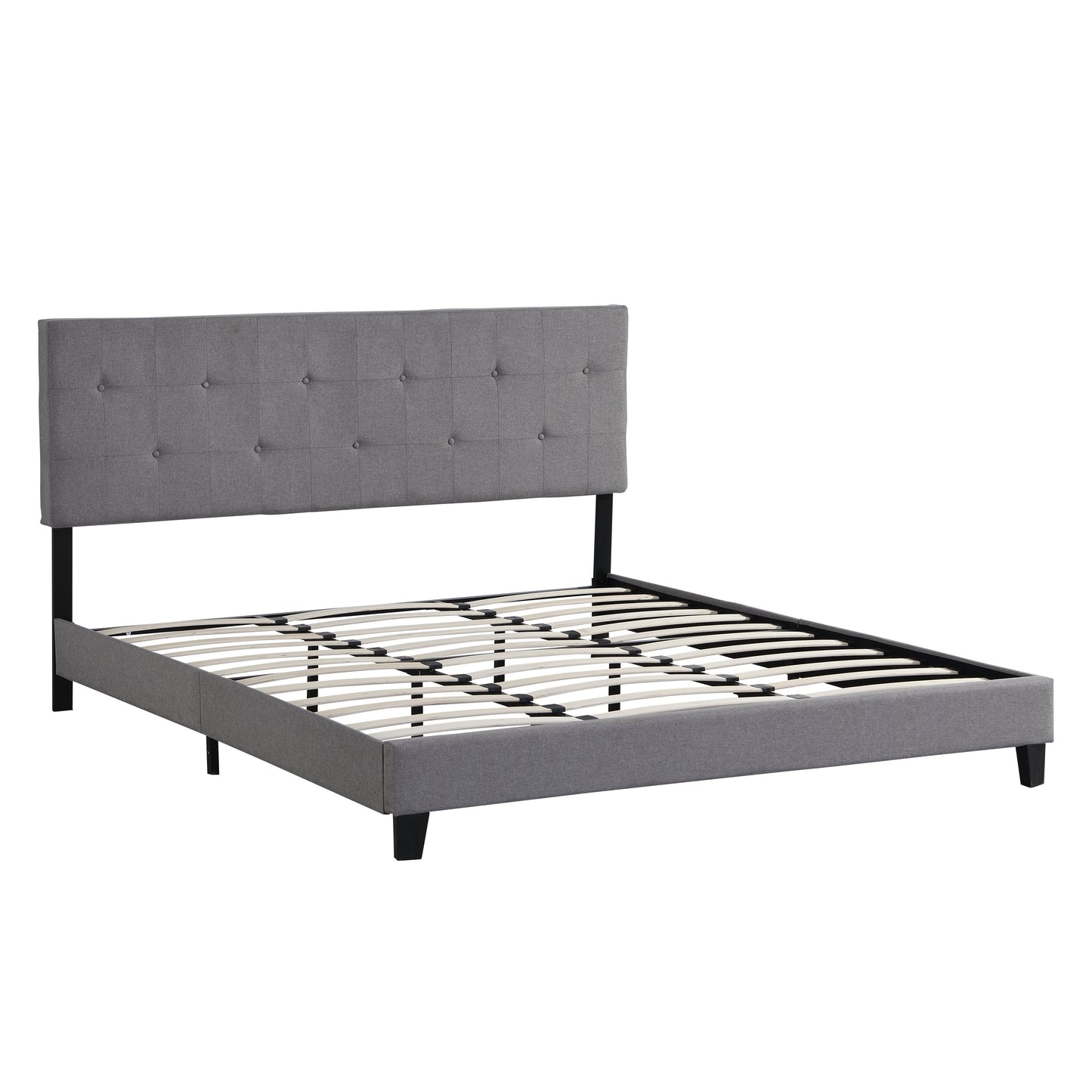King Size Upholstered Platform Bed Frame with Button Tufted Linen Fabric Headboard Gray - Korvel