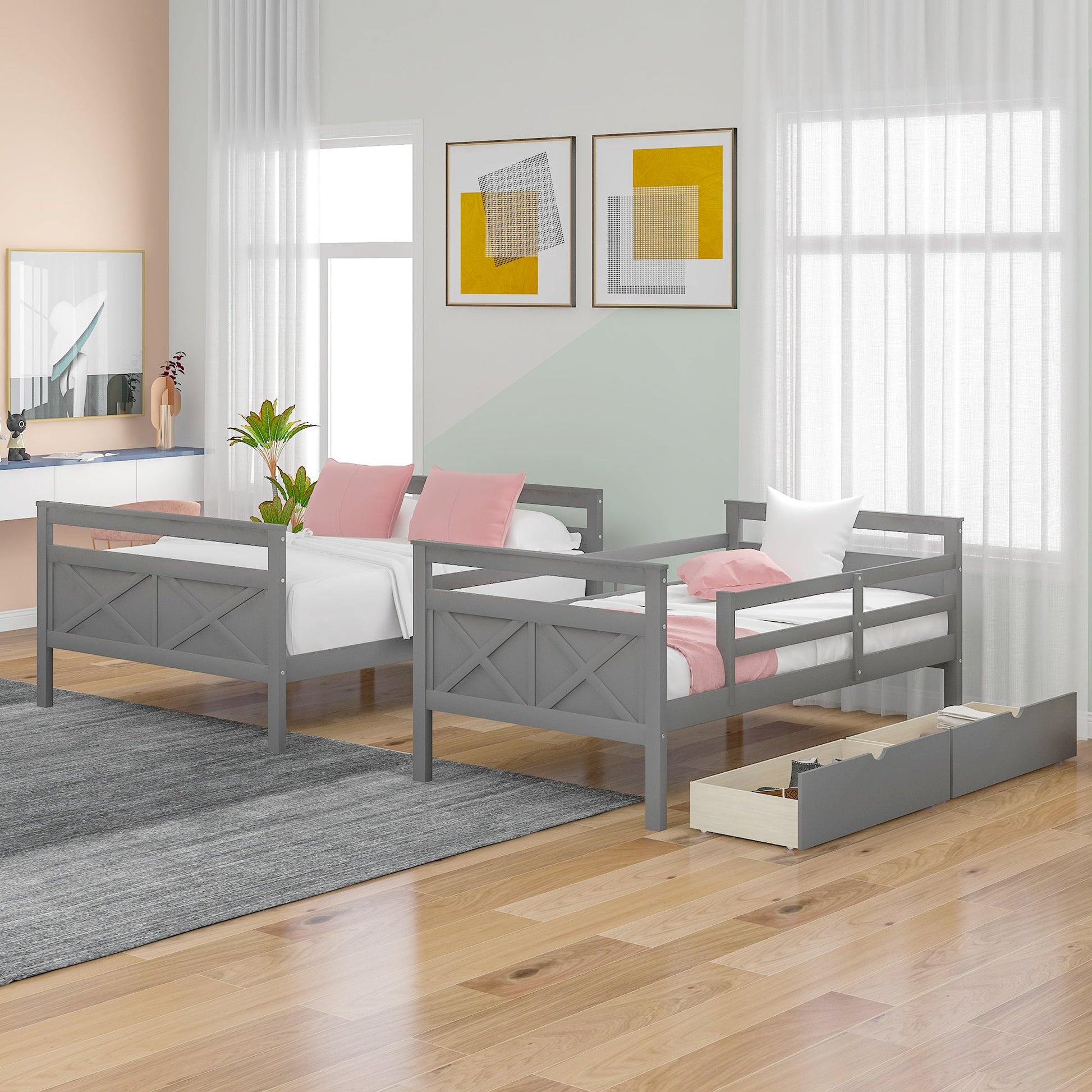 Twin over Full Bunk Bed with Ladder Two Storage Drawers  Safety Guardrail  Gray - Korvel