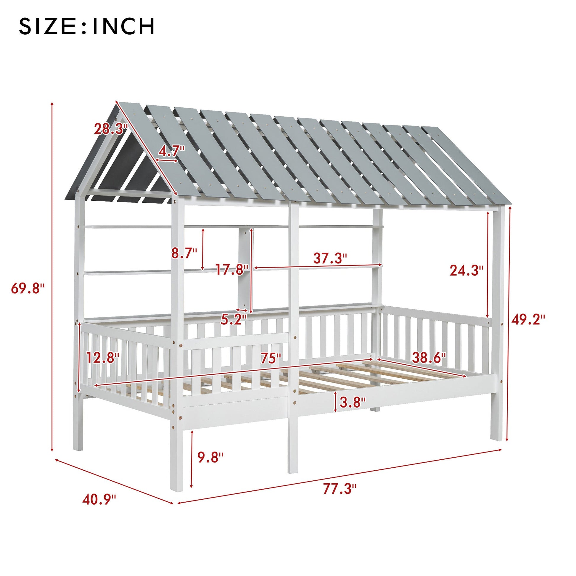 Wood Twin Size House Bed with Roof, Guardrail and Shelves, White - Korvel
