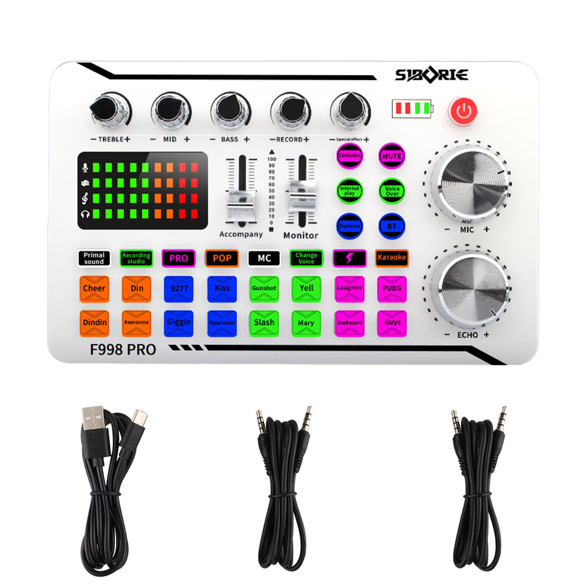 F998Pro live singing sound card white English version intelligent noise reduction integrated microphone - Korvel