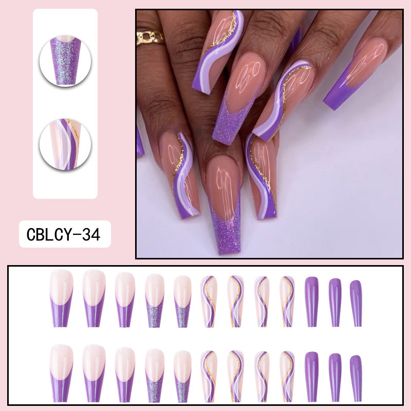 Purple Glitter Wearing Manicure French Geometric Lines Aurora Bright Nail Patches - Korvel