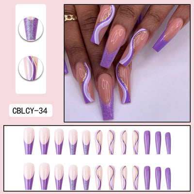 Purple Glitter Wearing Manicure French Geometric Lines Aurora Bright Nail Patches - Korvel