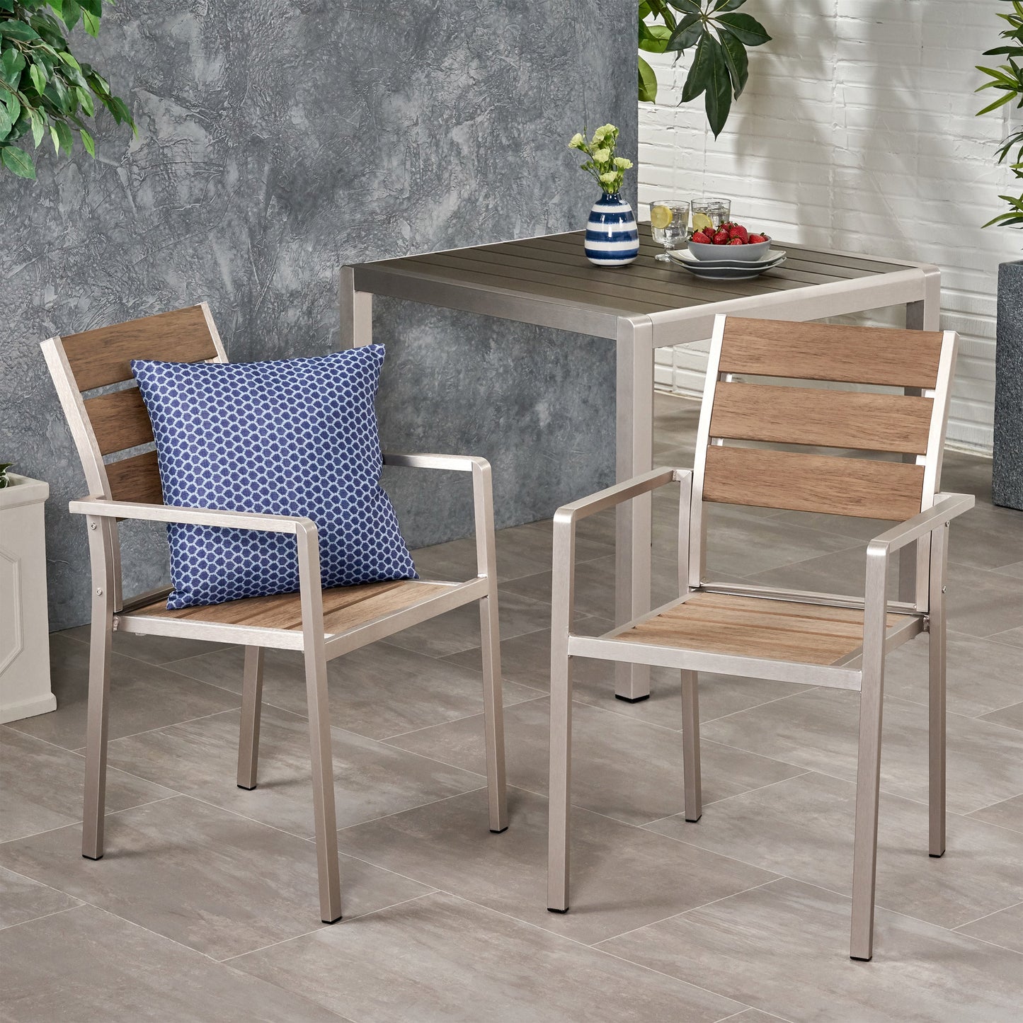 Outdoor Modern Aluminum Dining Chair with Faux Wood Seat (Set of 2), Natural and Silver - Korvel