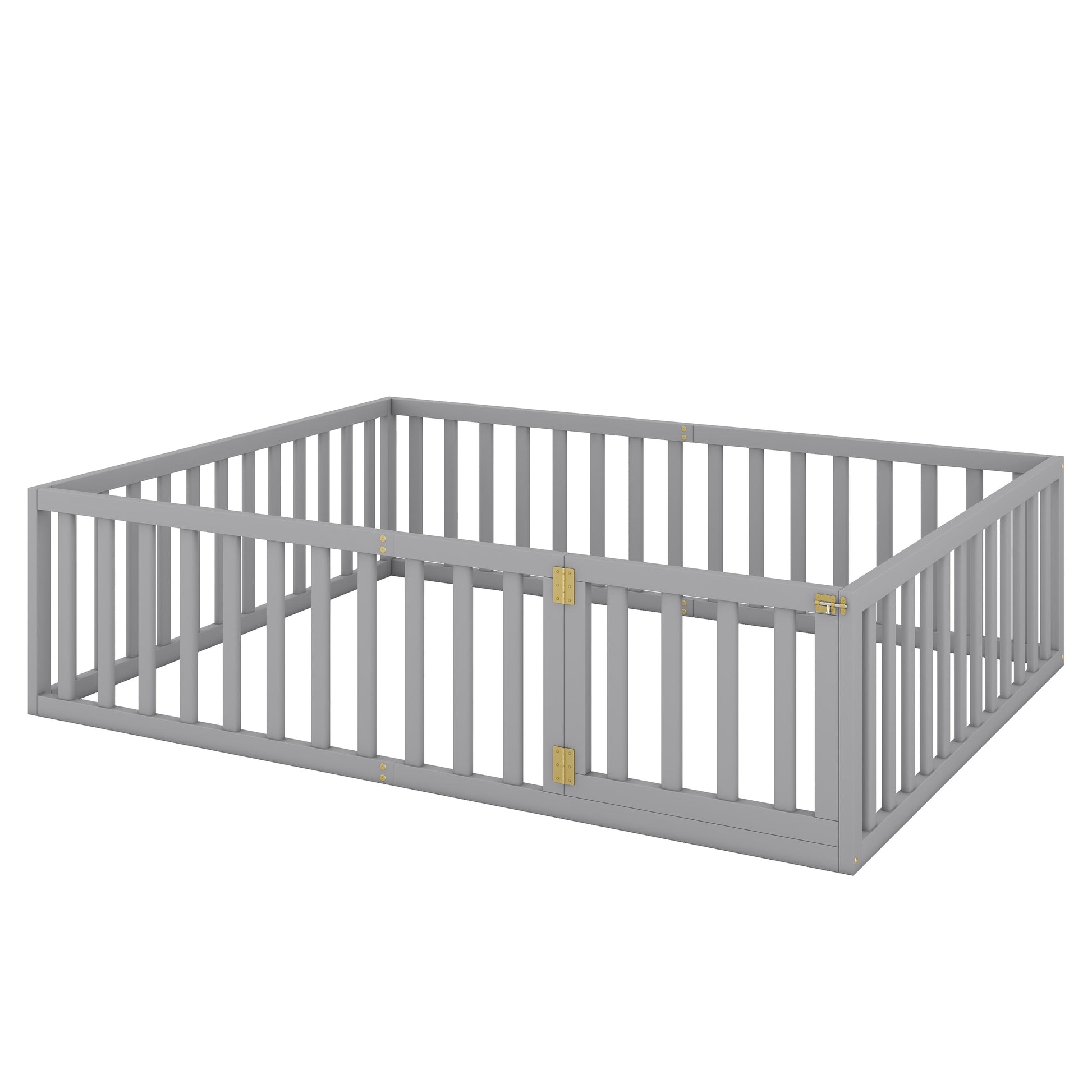 Queen Size Wood Floor Bed Frame with Fence and Door Gray(OLD SKU:WF289663AAE) - Korvel