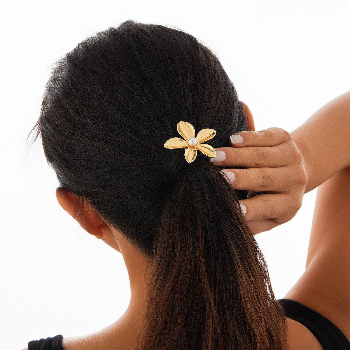 Versatile five petal flower alloy hair accessory with fashionable glossy imitation pearl bow headband - Korvel