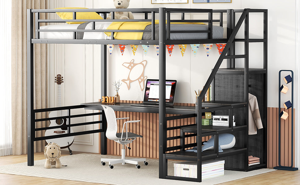 Cama loft de metal de tamaño completo con escritorio y opciones de almacenamiento