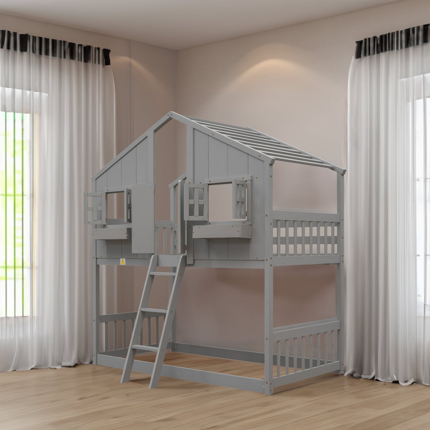 Twin over Twin House Bunk Bed with Roof , Window, Window Box, Door , with Safety Guardrails and Ladder, Grey - Korvel