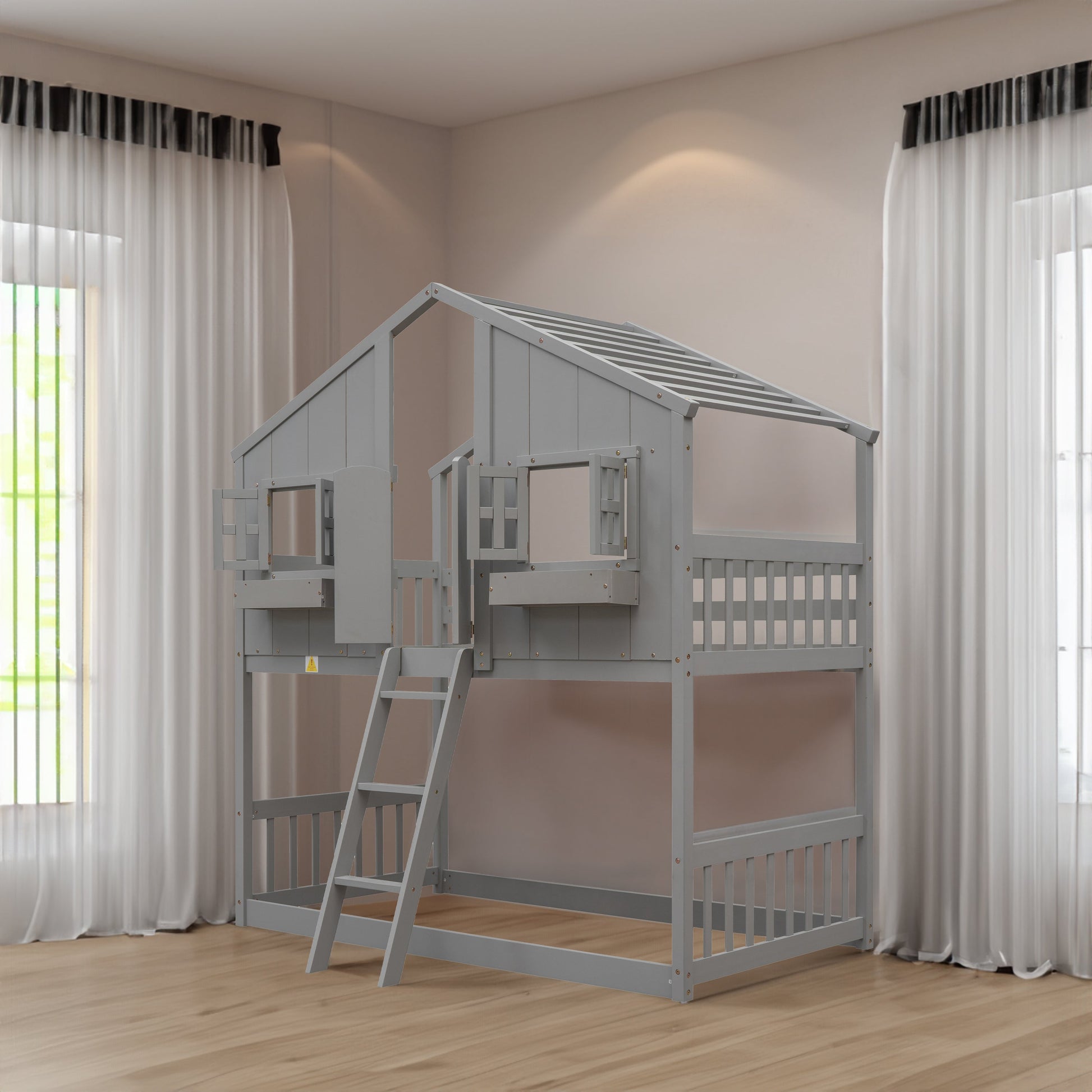 Twin over Twin House Bunk Bed with Roof , Window, Window Box, Door , with Safety Guardrails and Ladder, Grey - Korvel