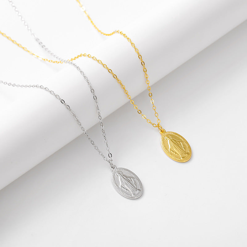 Gilded Virgin Mary necklace for women 925 sterling silver Virgin Mary coin collarbone chain - Korvel