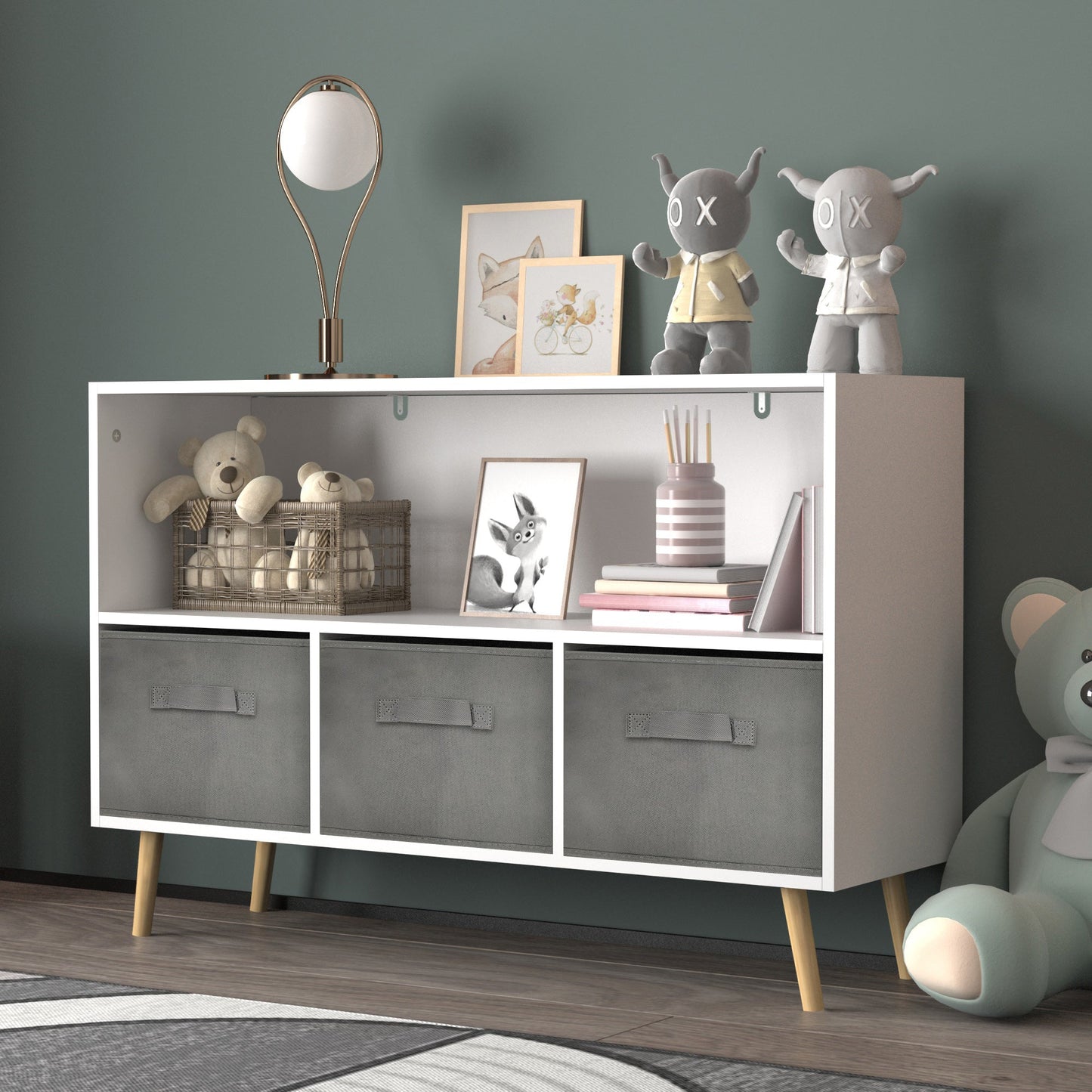Kids bookcase with Collapsible Fabric Drawers Children's Book Display Toy Storage Cabinet Organizer White/Gray - Korvel