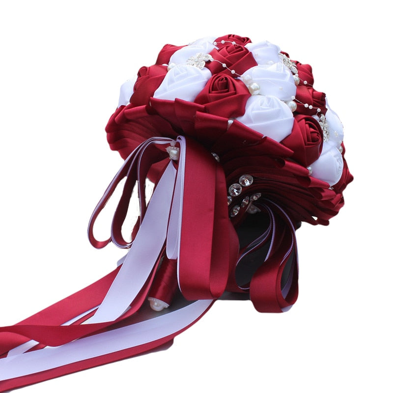 WifeLai-A Ramos De Novia Burgundy Artificial Flower Bridesmaid Wedding Bouquet - Korvel