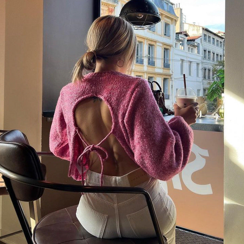Long sleeved backless lace up sexy spicy girl knitted loose women's top sweater - Korvel
