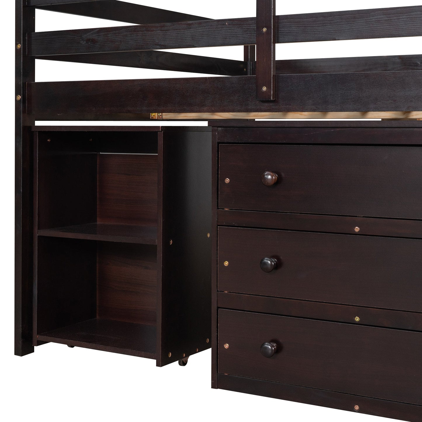 Low Study Full Loft Bed with Cabinet Shelves and Rolling Portable Desk Multiple Functions Bed- Espresso - Korvel