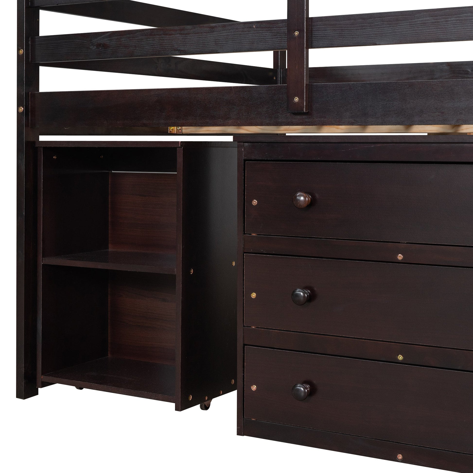 Low Study Full Loft Bed with Cabinet Shelves and Rolling Portable Desk Multiple Functions Bed- Espresso - Korvel