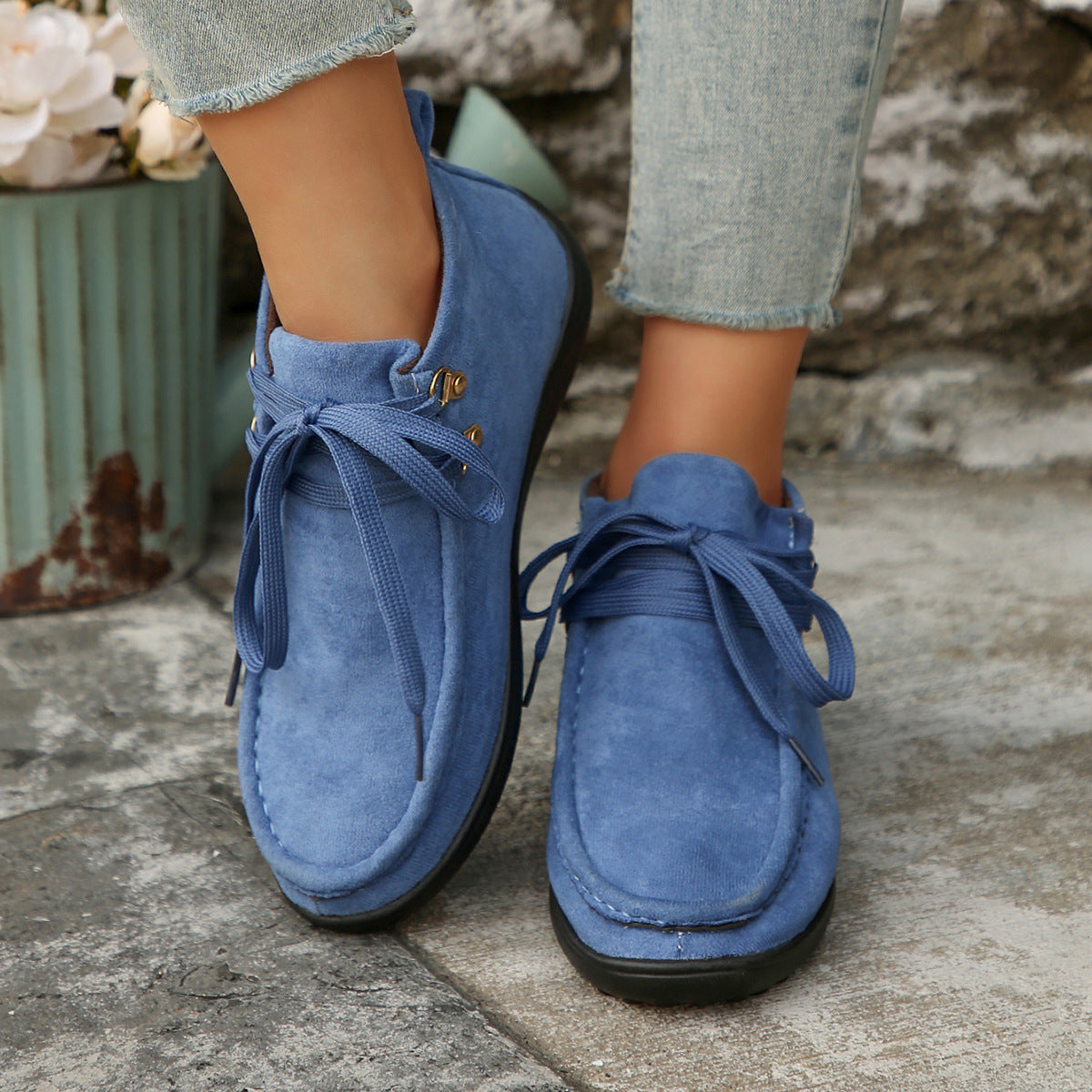 Lace-up Suede Sneakers for Women with Thick Sole