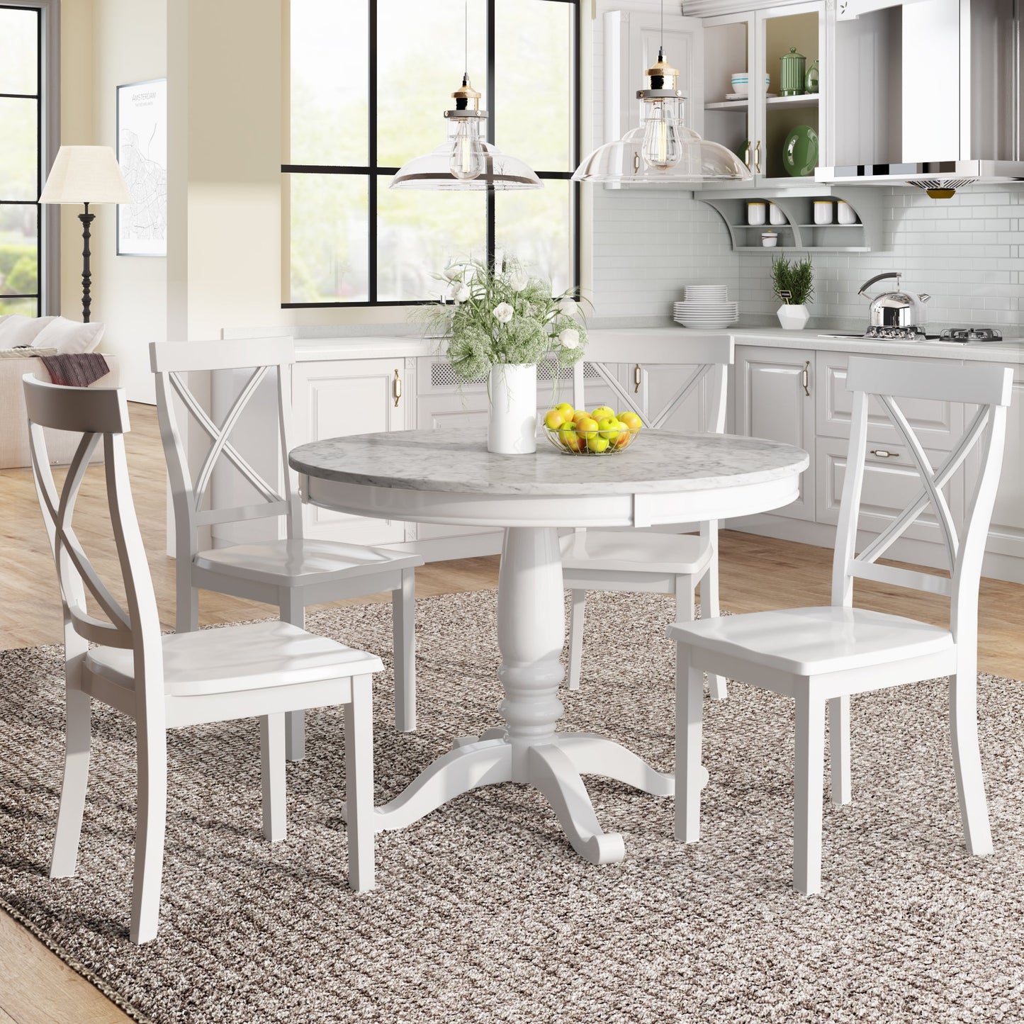 Orisfur 5 Pieces Dining Table and Chairs Set for 4 Persons Kitchen Room Solid Wood Table with 4 Chairs MDF + White + Solid Wood - Korvel