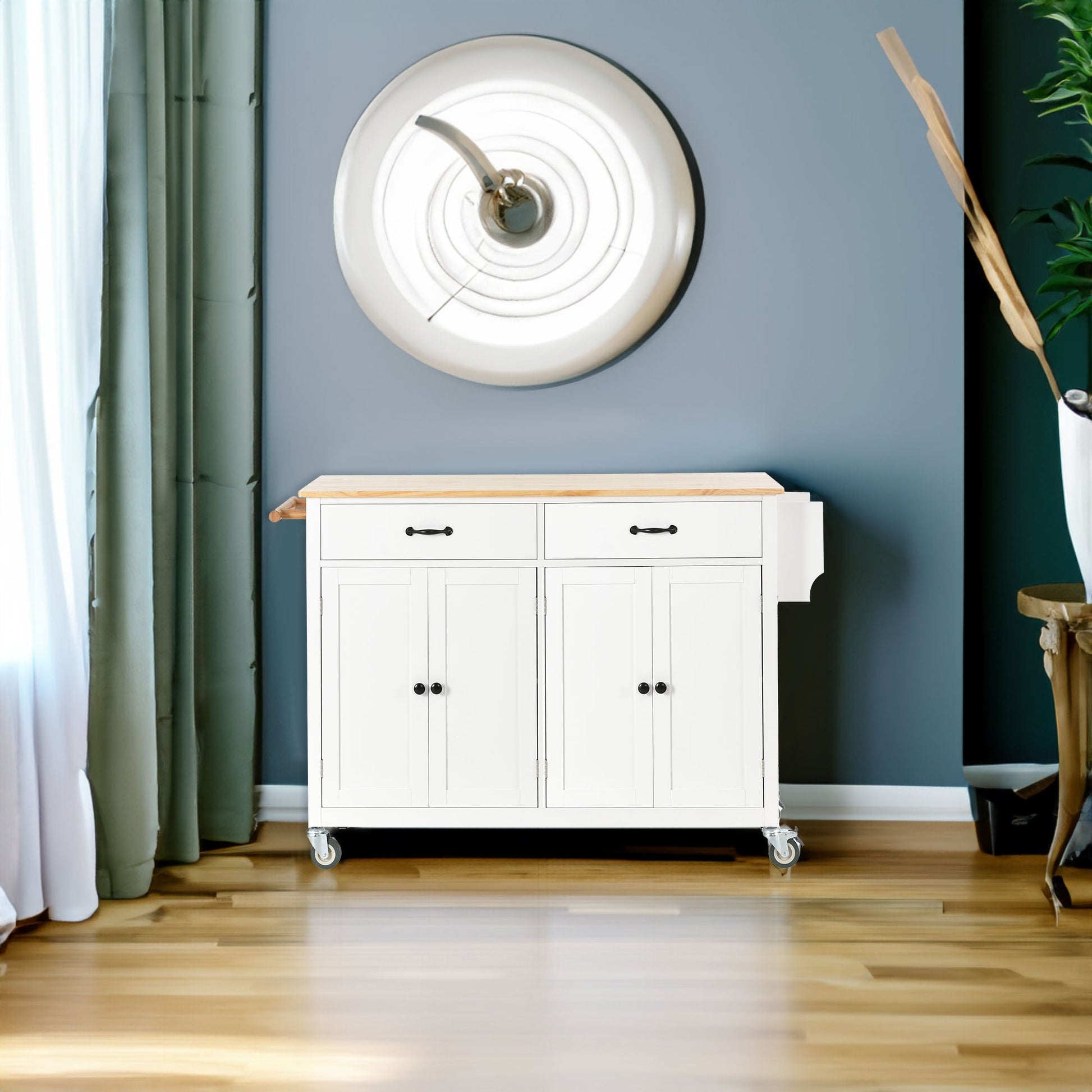Kitchen Island Cart with Solid Wood Top and Locking Wheels 54.3 Inch Width  (White) - Korvel
