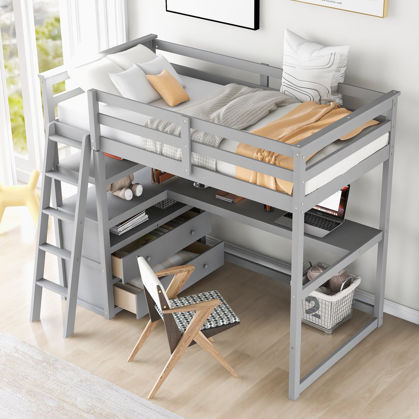 Twin Size Loft Bed with Desk and Shelves, Two Built-in Drawers, Gray - Korvel