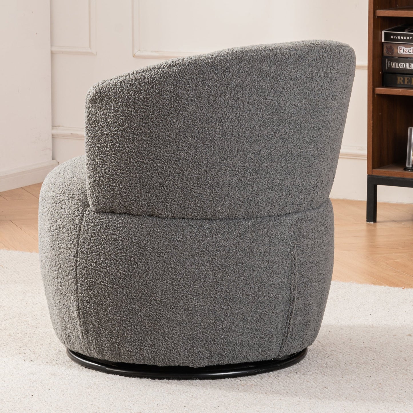 Grey Plush Swivel Accent Chair - Contemporary Round Armchair with 360° Rotation and Metal Base for Living Room Elegance - Korvel