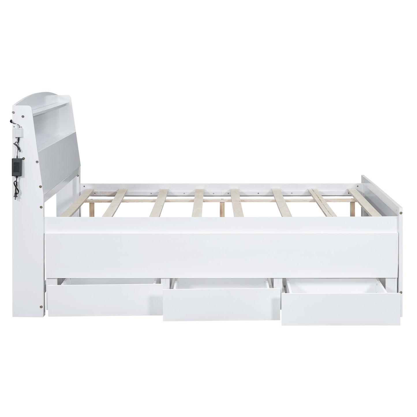 Full Size Platform Bed with Storage LED Headboard  Twin Size Trundle and 3 Drawers White - Korvel