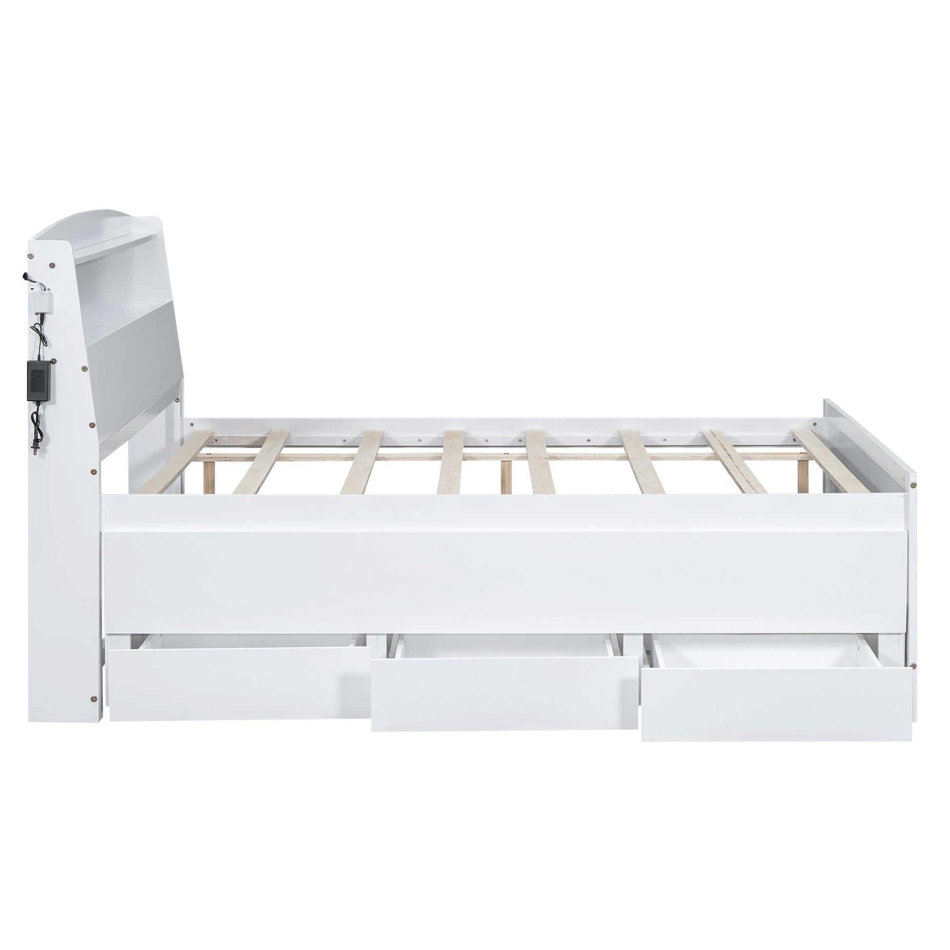Full Size Platform Bed with Storage LED Headboard  Twin Size Trundle and 3 Drawers White - Korvel