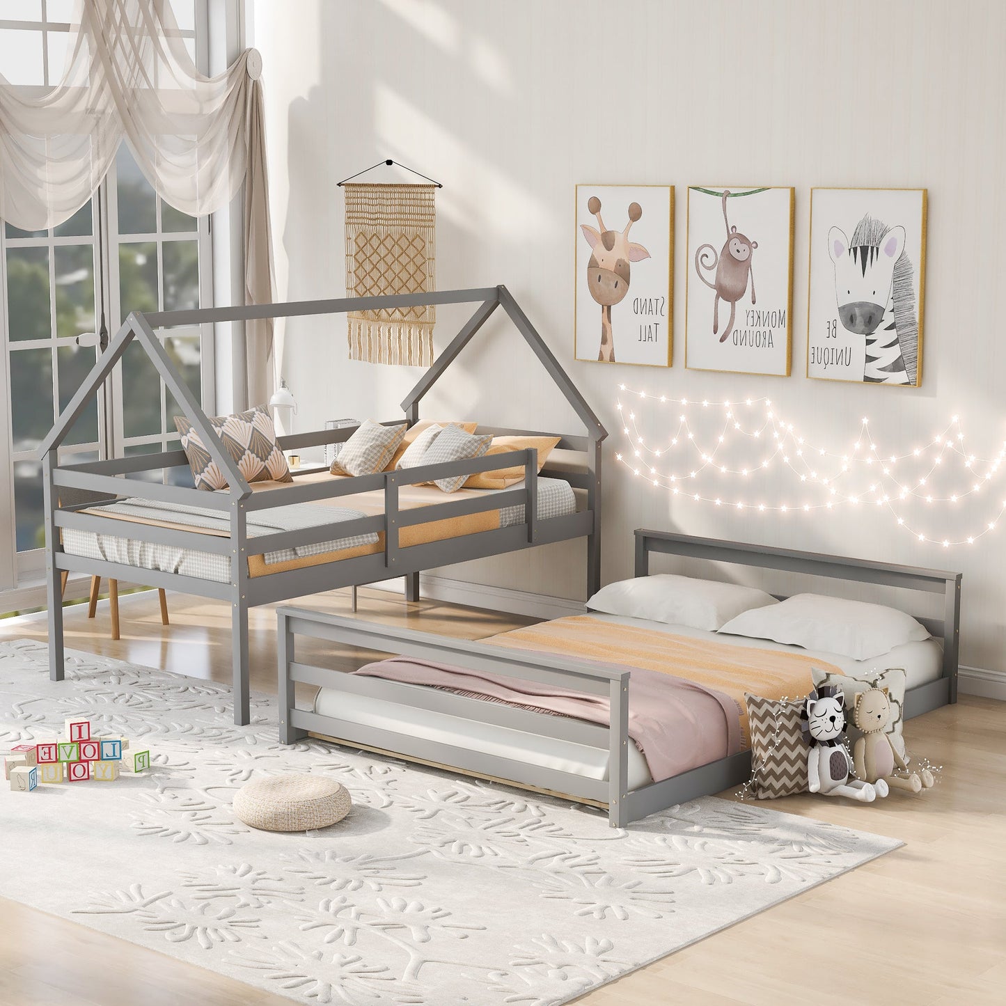Twin over Full House Bunk Bed with Built-in Ladder Gray - Korvel