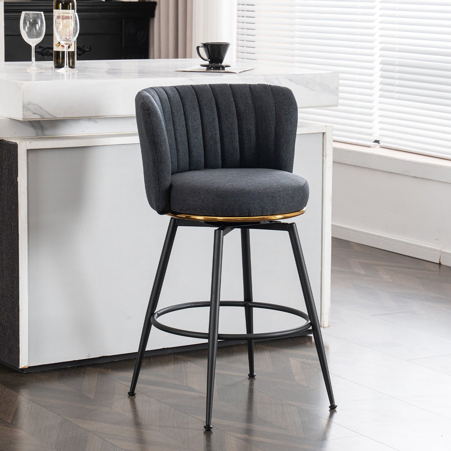 A set of 2 gray rotating bar stools - high backrest, adjustable, with elegant metal backrest decoration - Korvel