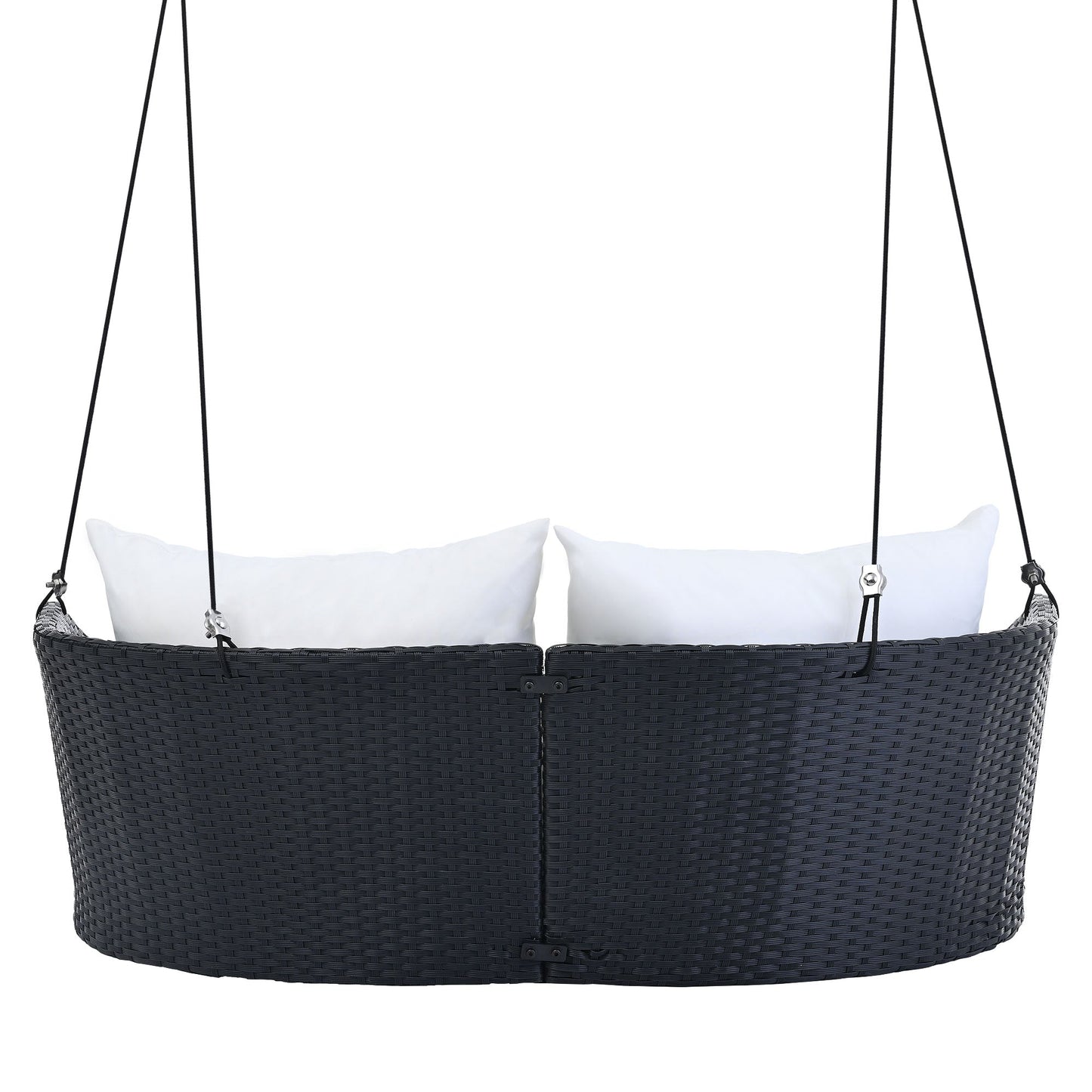 GO 51.9" 2-Person Hanging Seat, Rattan Woven Swing Chair, Porch Swing With Ropes, Black Wicker And White Cushion - Korvel
