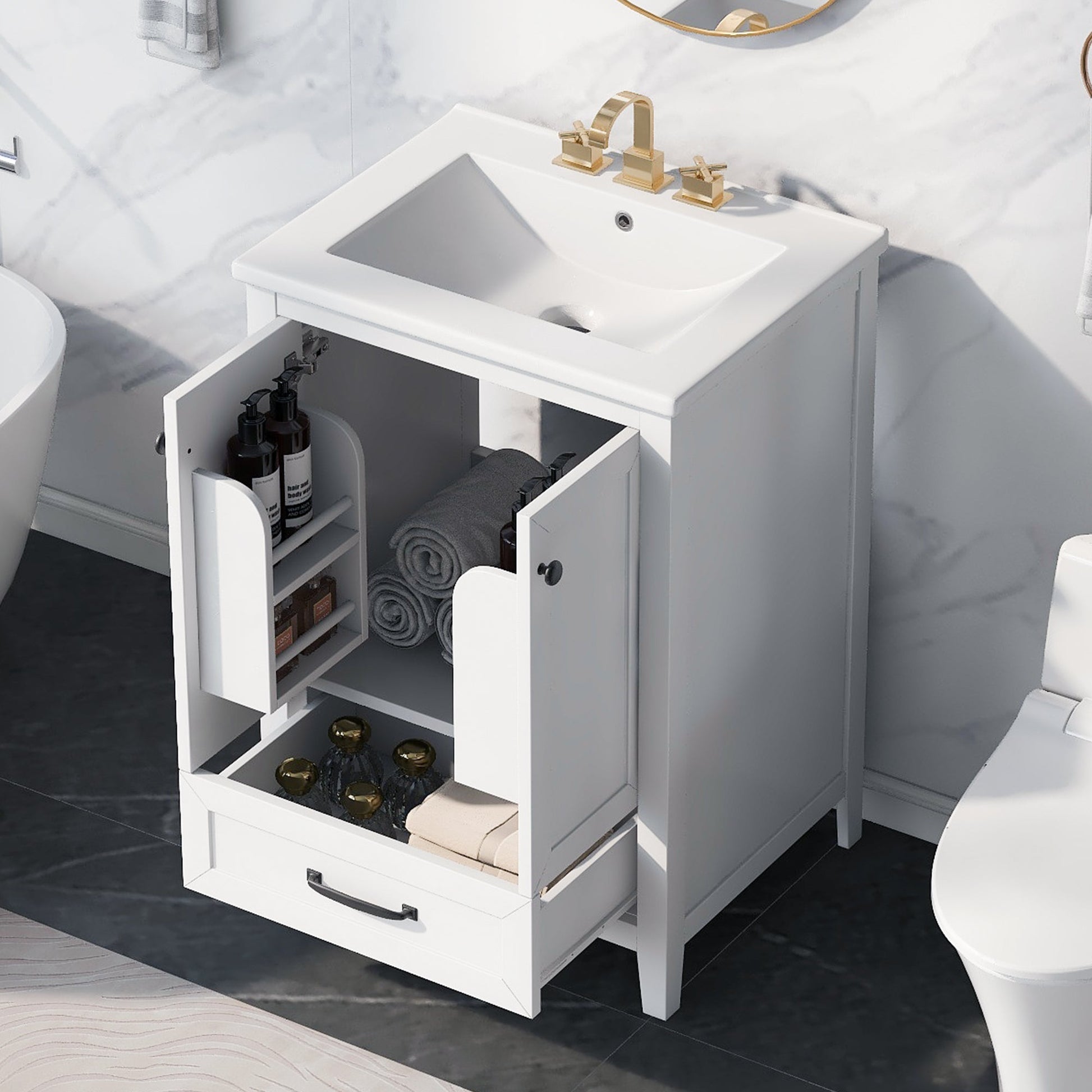 24" Bathroom Vanity with Sink, Bathroom Vanity Cabinet with One Drawer and Doors, Solid Wood and MDF, White - Korvel