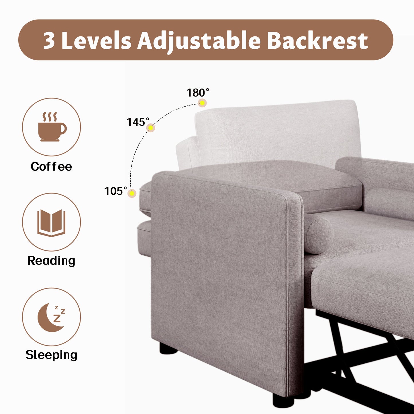 3 in 1 Convertible Sleeper Chair with Adjustable Backrest, Lounger Chair Turns Into Bed, Single Bed for Living Room, Linen, Tan - Korvel