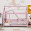 Twin Size Floor Wooden Bed with House Roof Frame, Fence Guardrails,Pink - Korvel