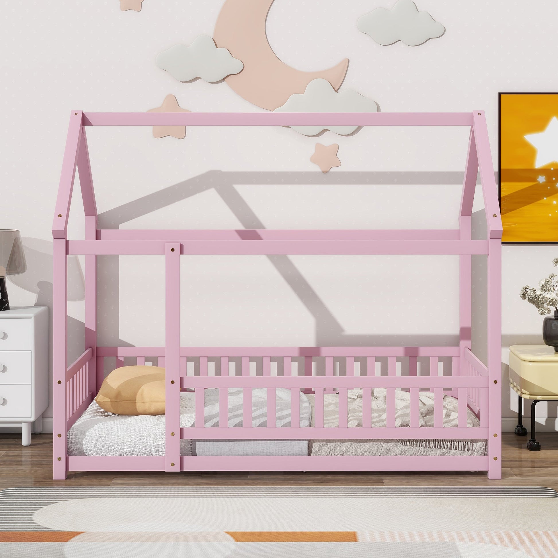 Twin Size Floor Wooden Bed with House Roof Frame, Fence Guardrails,Pink - Korvel