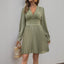 Elegant V-Neck Long Sleeve Pleated Midi Dress for Women