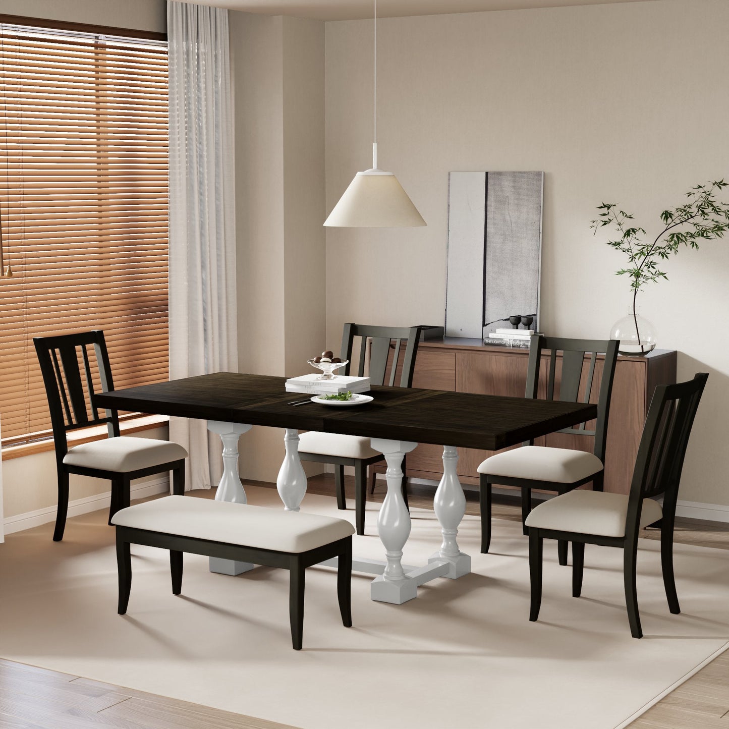 Traditional 6-Piece 78inch Trestle Extendable Dining Table Set with One 18inch Removable Leaf Distressed White - Korvel