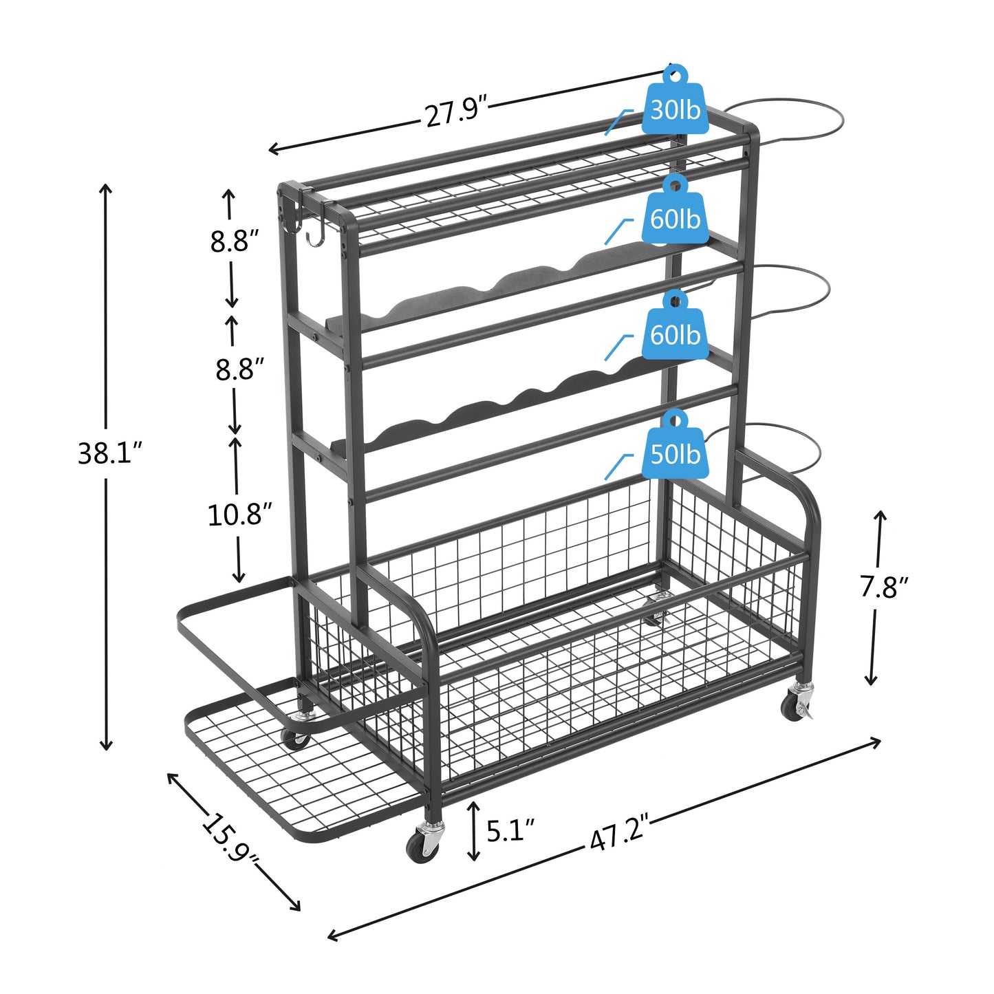 4-Tier Metal Storage Rack with Rolling Wheels and Hooks