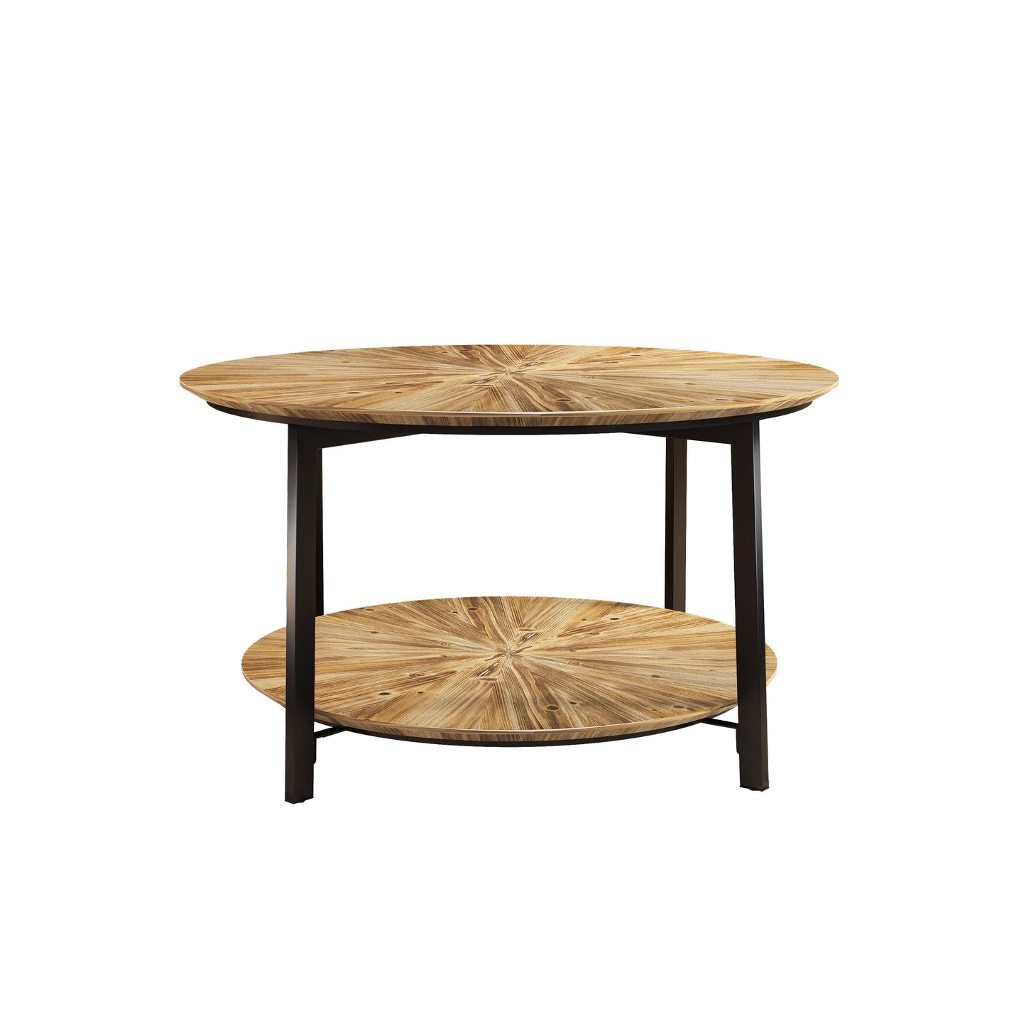 31.5 "Round Coffee Table Stand Wooden Double Layer Coffee Table with Open Storage Space and Metal Table Legs - Korvel