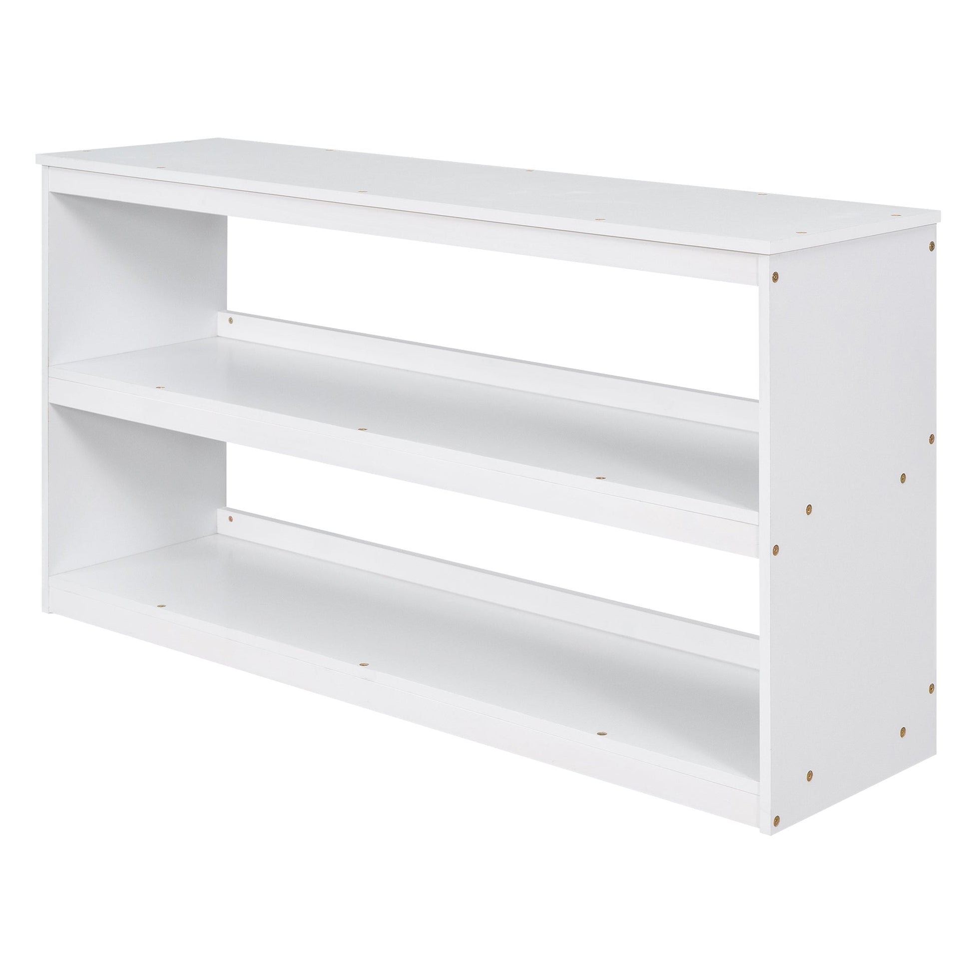 Low Study Full Loft Bed with Cabinet Shelves and Rolling Portable Desk Multiple Functions Bed- White - Korvel