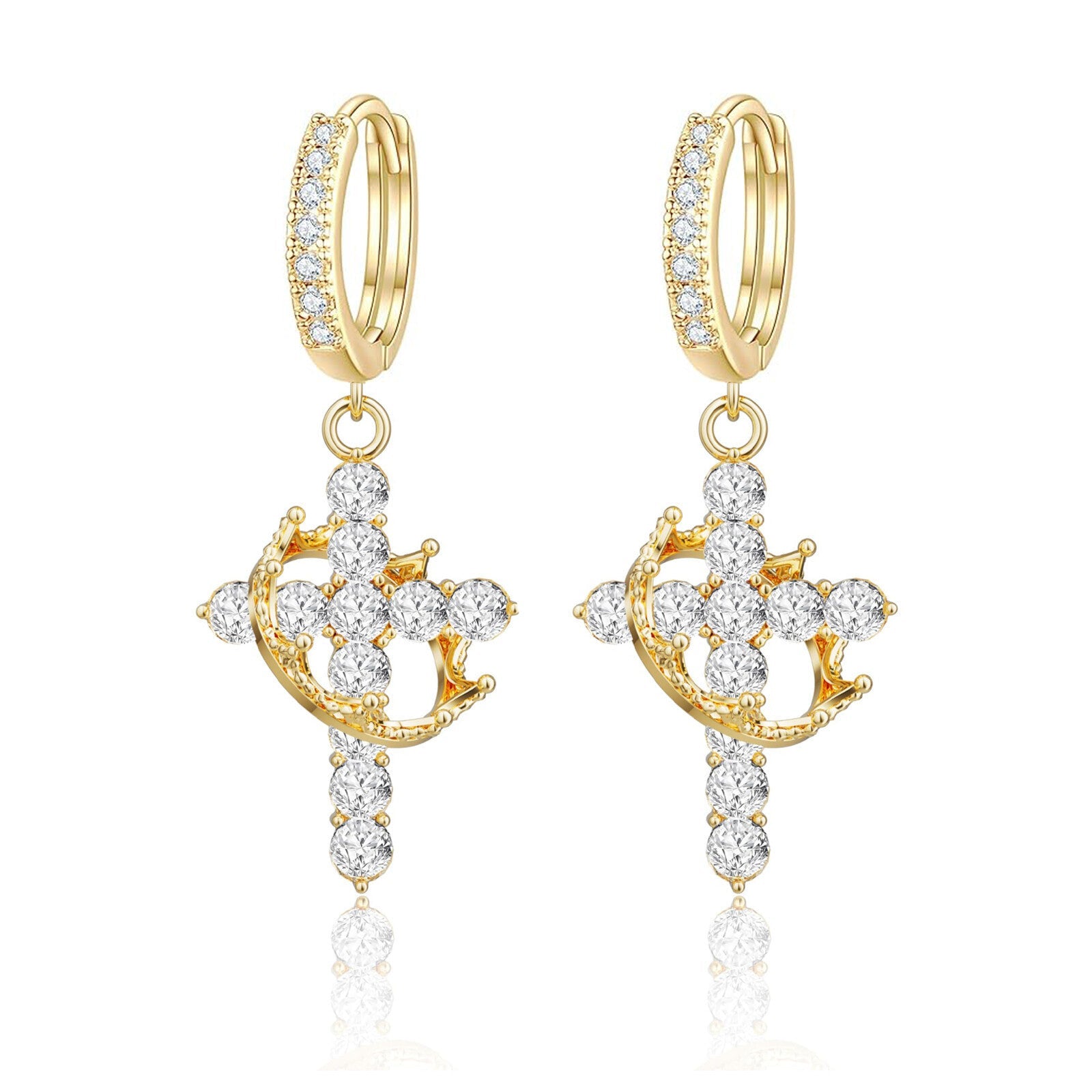 Rotating Crown Cross Earrings Set with Zircon - Korvel