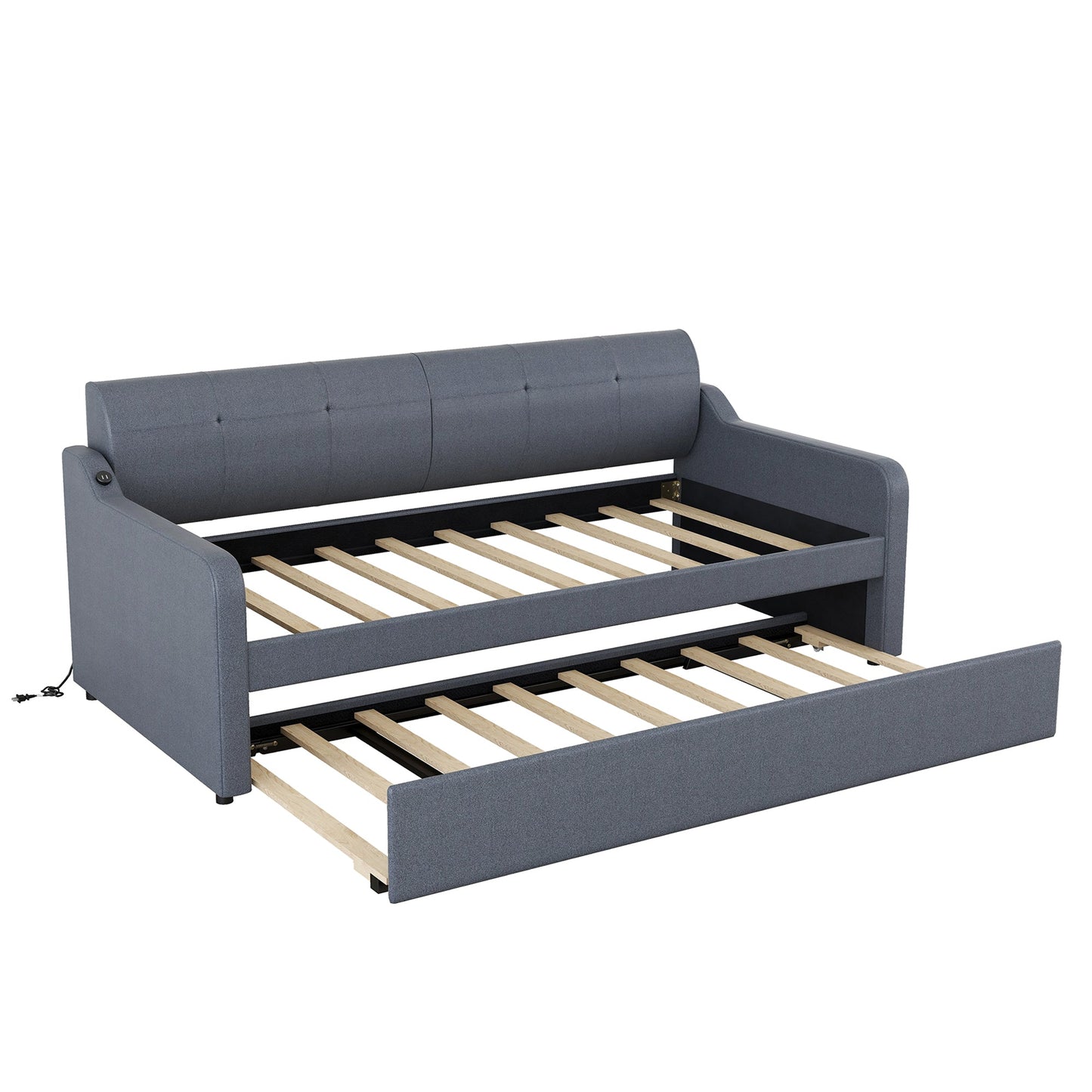 Twin Size Upholstery Daybed with Trundle & USB Charging - Gray