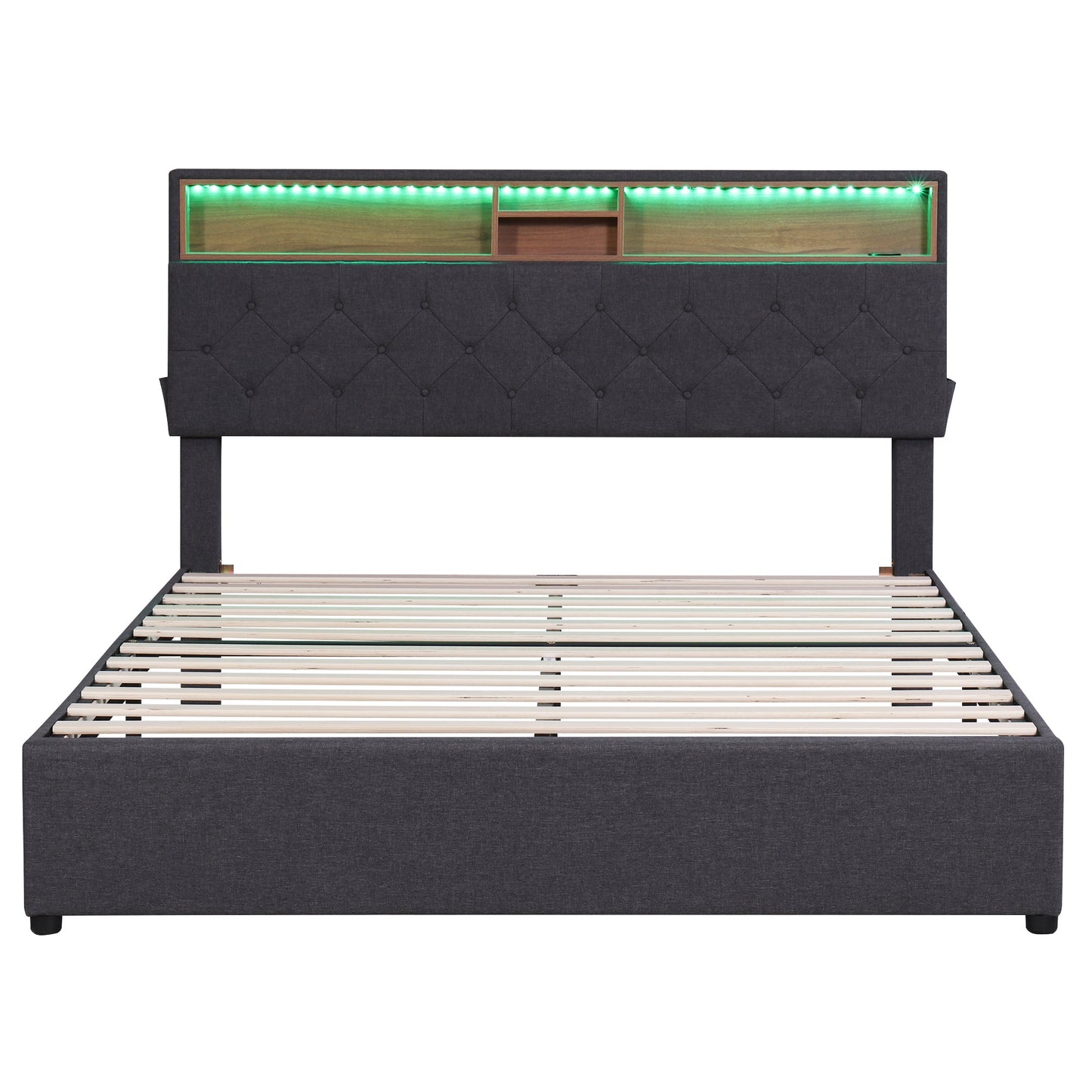 Queen Size Upholstered Platform Bed with Storage & LED, Dark Gray
