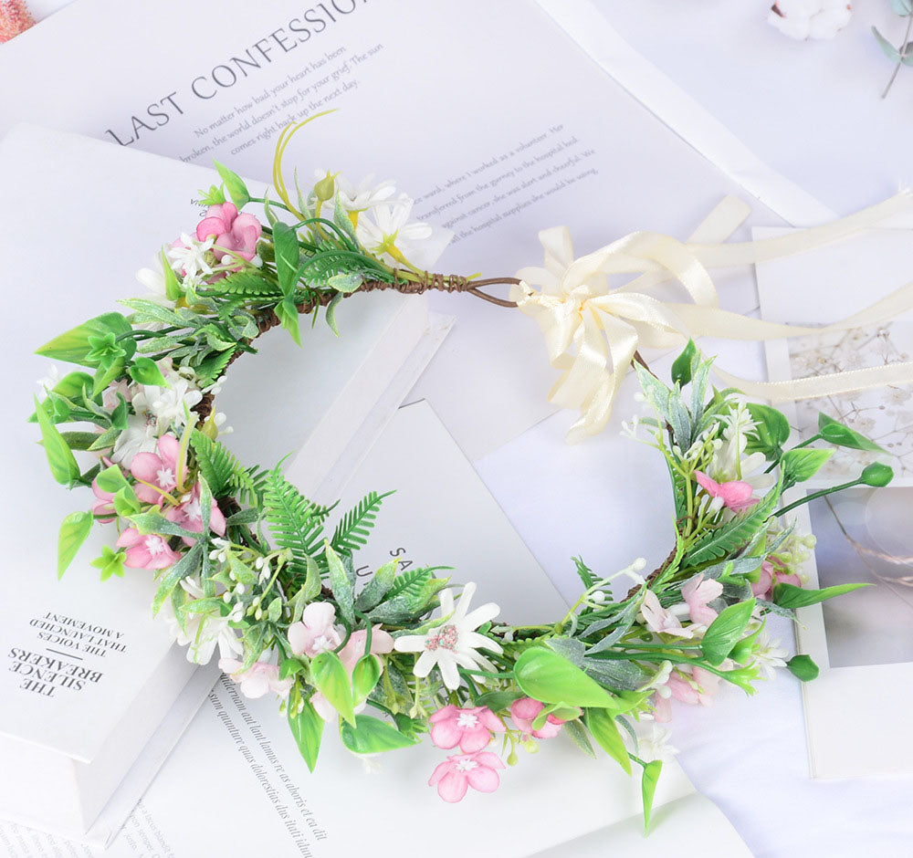 Forest style headwear with super fairy texture, simulated rose headband, flannel, rolled edges, rose green leaf garland - Korvel
