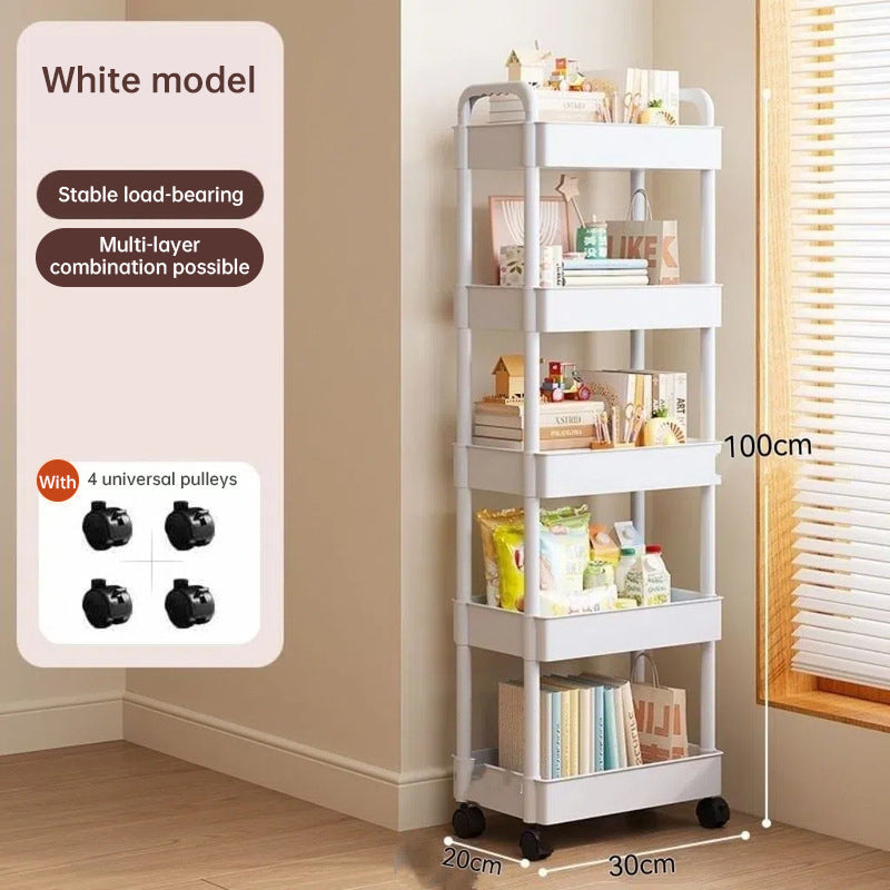 White rolling storage cart. Multifunctional, open shelves for books, ideal for kitchen & bedroom storage - Korvel