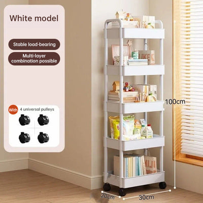 White rolling storage cart. Multifunctional, open shelves for books, ideal for kitchen & bedroom storage - Korvel