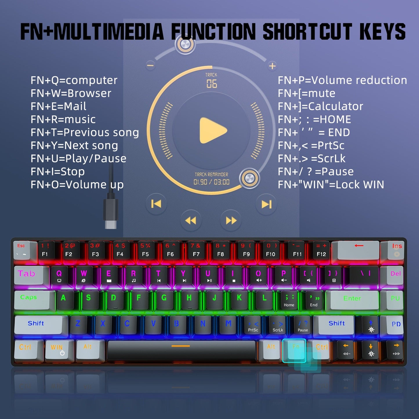 New 68 key RGB luminous esports game with blue and red axis mechanical keyboard laptop MAC 60% - Korvel