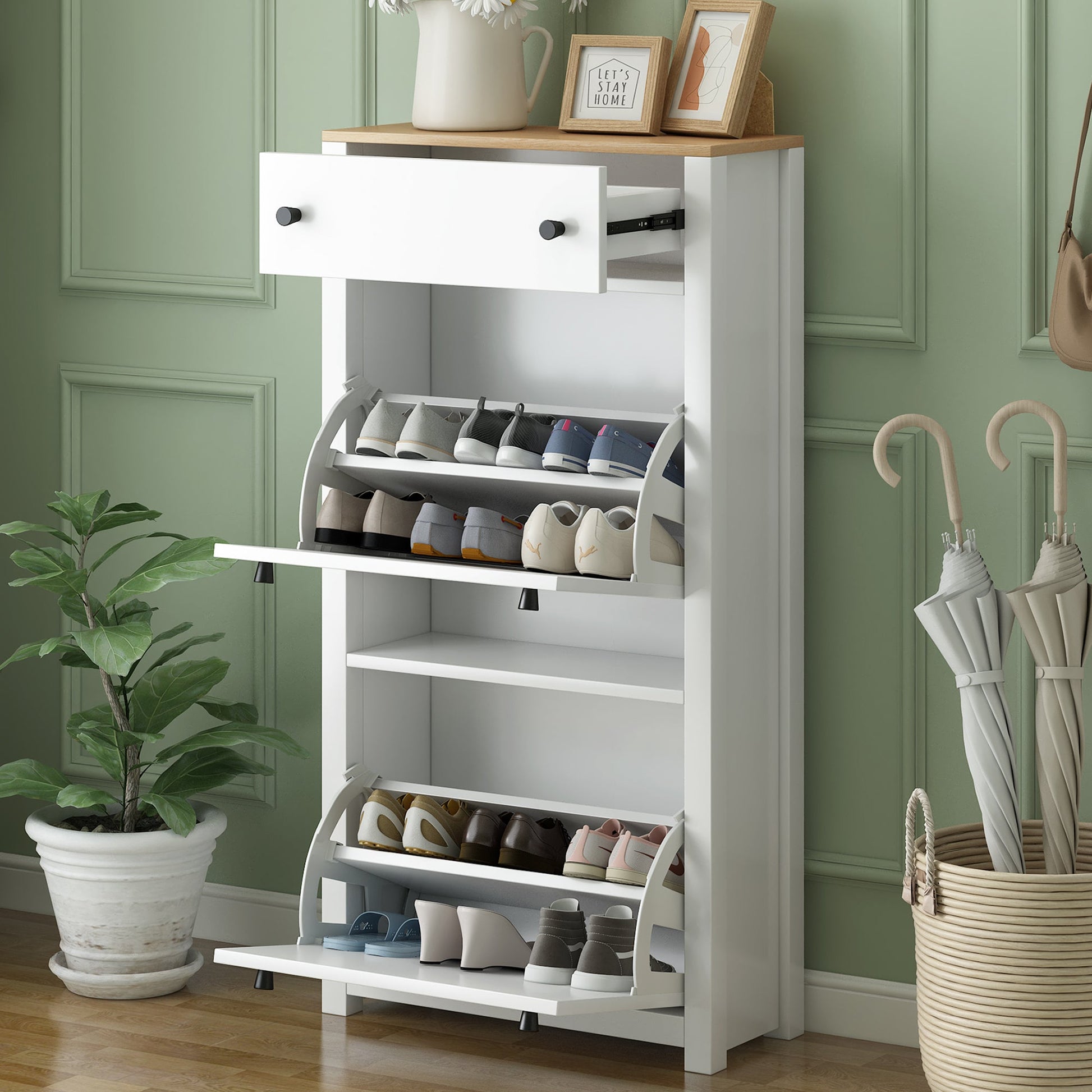 ONTREND with 2 flip drawers, top shoe cabinet with drawers, independent shoe rack with adjustable panel, white - Korvel