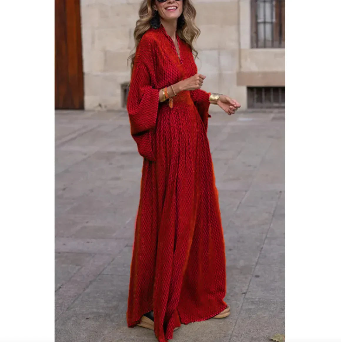 Robe maxi à manches chauve-souris et décolleté en V pour femmes