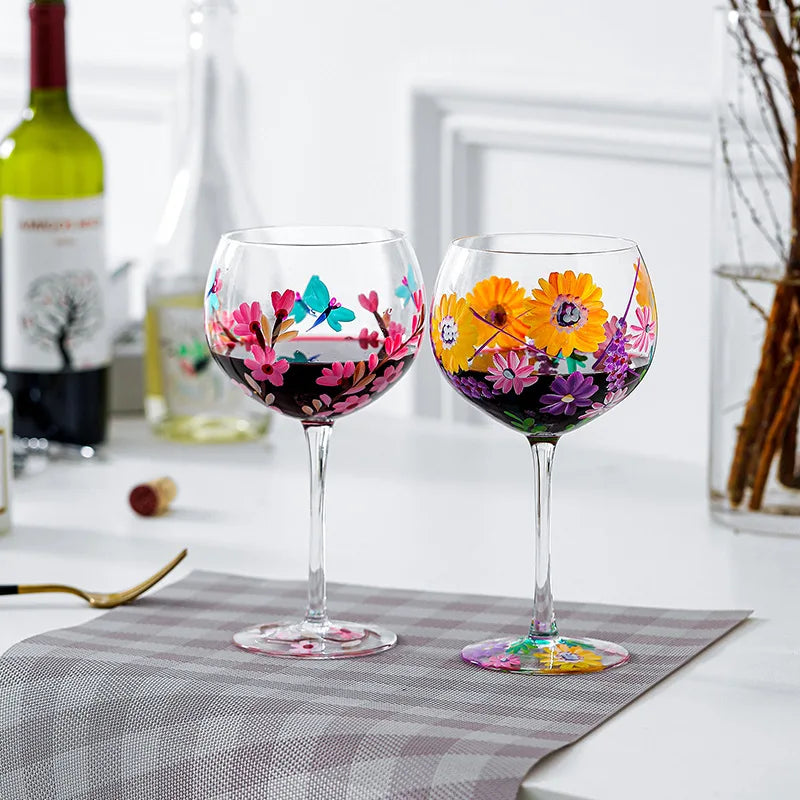 Nordic Colored Glass Wine Glasses Creative Hand-Painted Flowers Wine Glass Household Painted Goblet Crystal Champagne Drinkware - Korvel