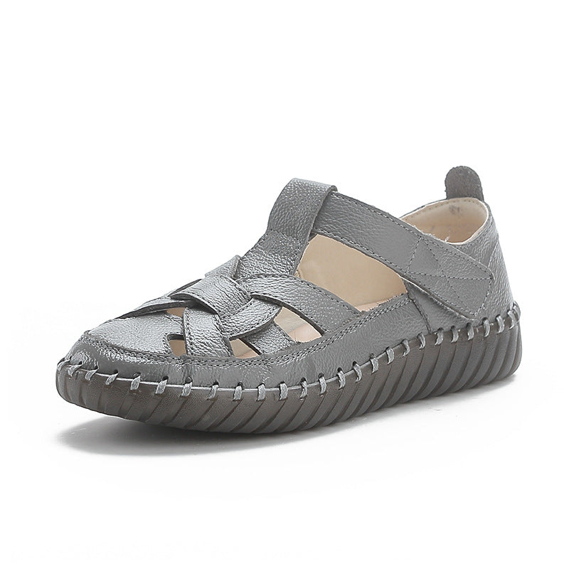 Leather perforated shoes with hollowed out toe caps for women soft soled non slip flat sandals for women - Korvel